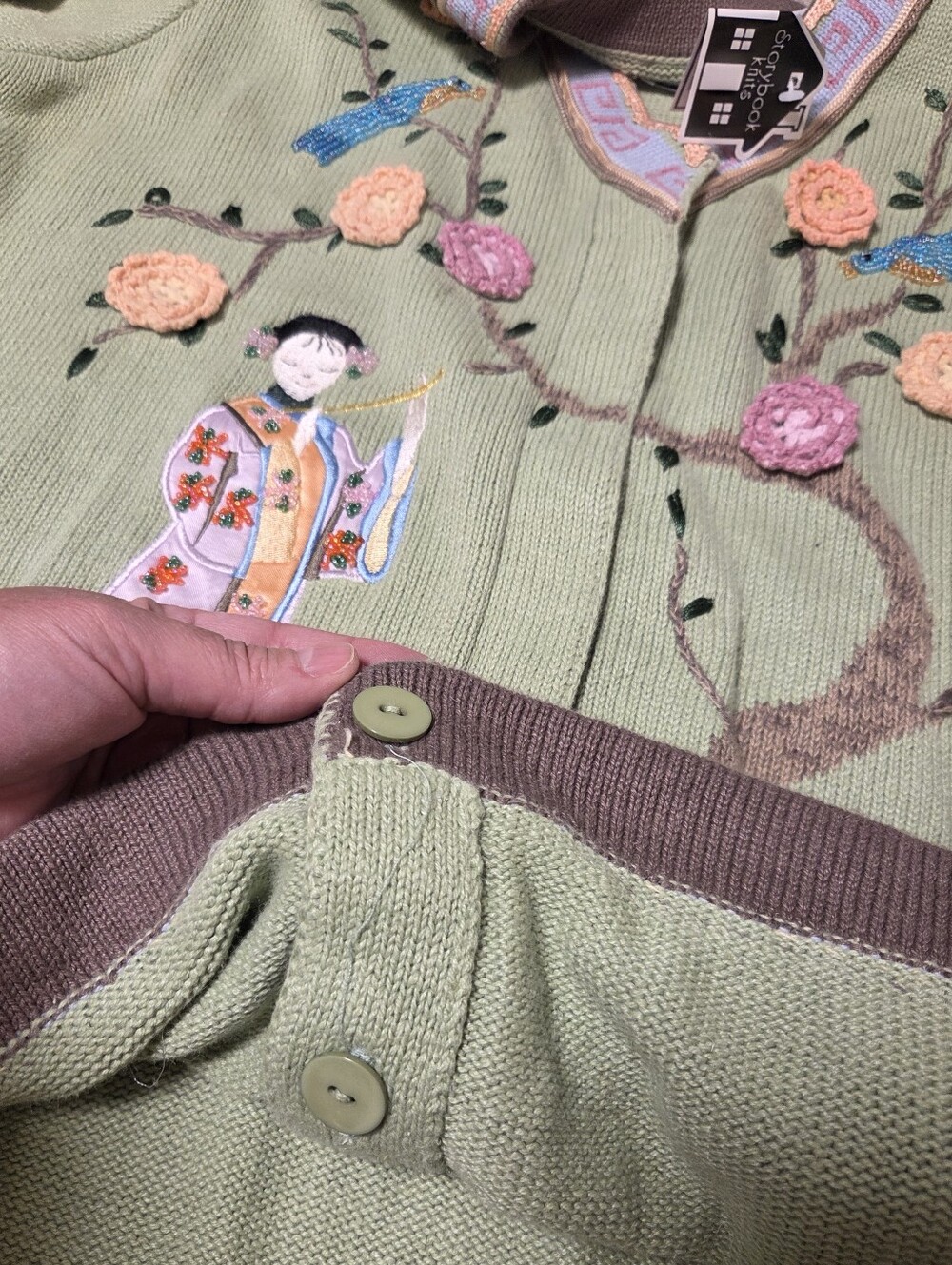 NWT Storybook Knits Asian Geisha Oriental 3d Sweater 1X Green Y2k 80s 90s Beads - Picture 10 of 10